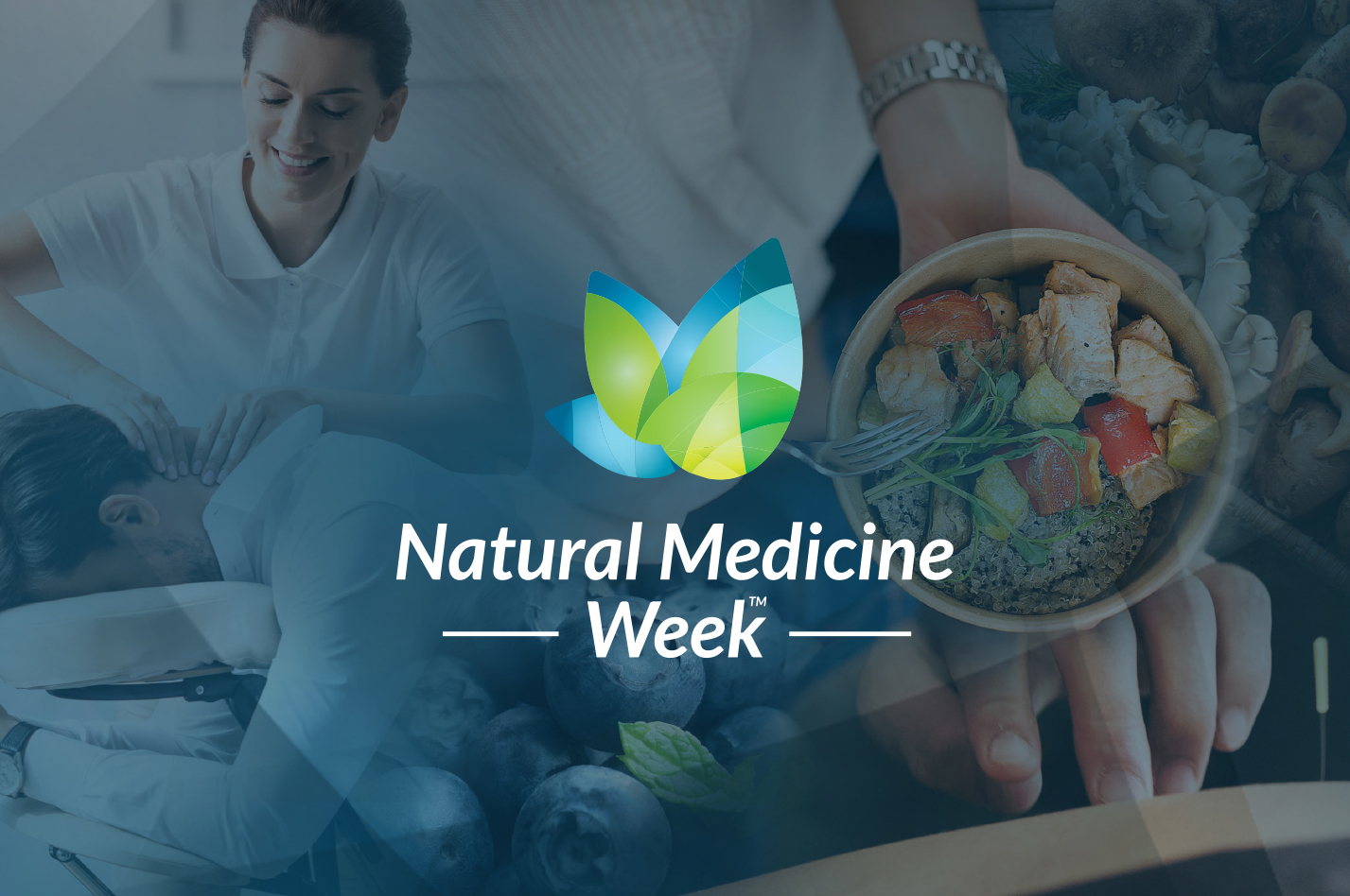 Natural Medicine Week logo with montage of images behind logo including healthy food, massage and Traditional Chinese Medicine