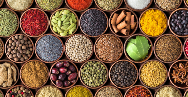 colourful spices in cups viewed from the top