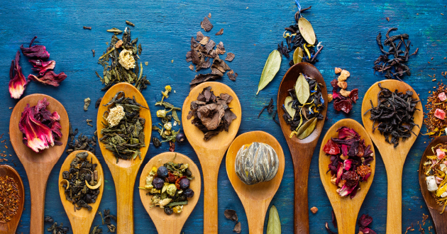 Selection of tea on wooden spoons viewed from the top