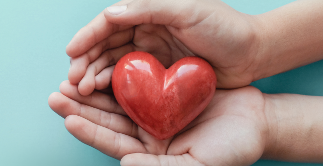 Cupped hands holding a red ceramic heart on a teal background