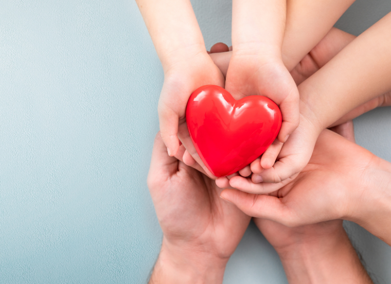 Hands of children and adults holding a red heart, symbolizing unity and care.