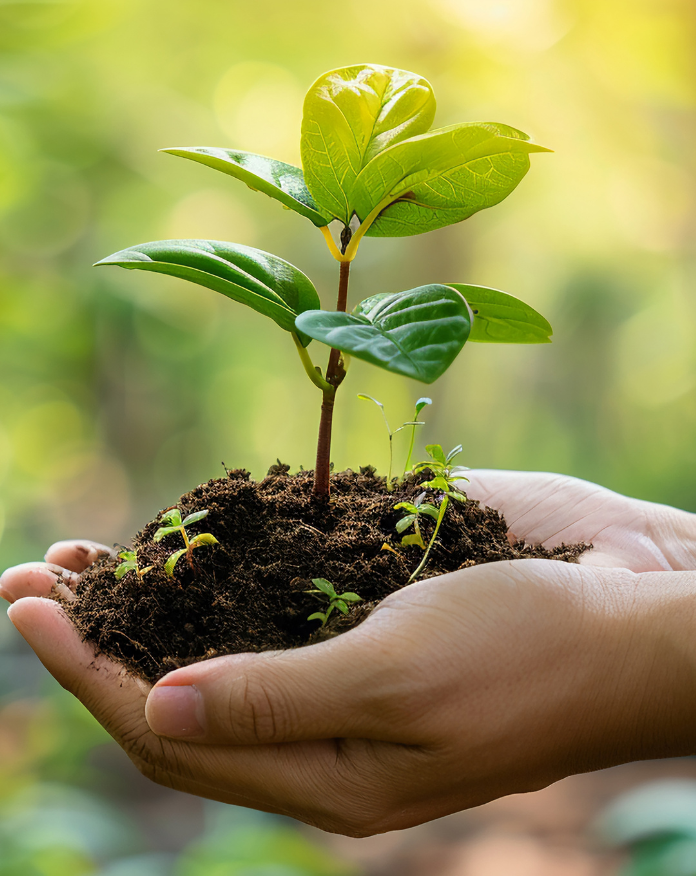 A hand gently holds a small plant with soil, symbolizing growth and nurturing in a natural setting.