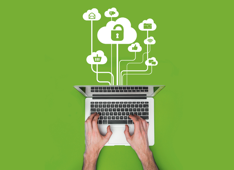 Image illustrating data protection strategies in cloud computing, featuring icons of security locks, clouds, and data storage.