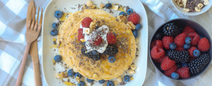 Collagen-Packed Pancakes with Nut and Cacao Crumble and Berries